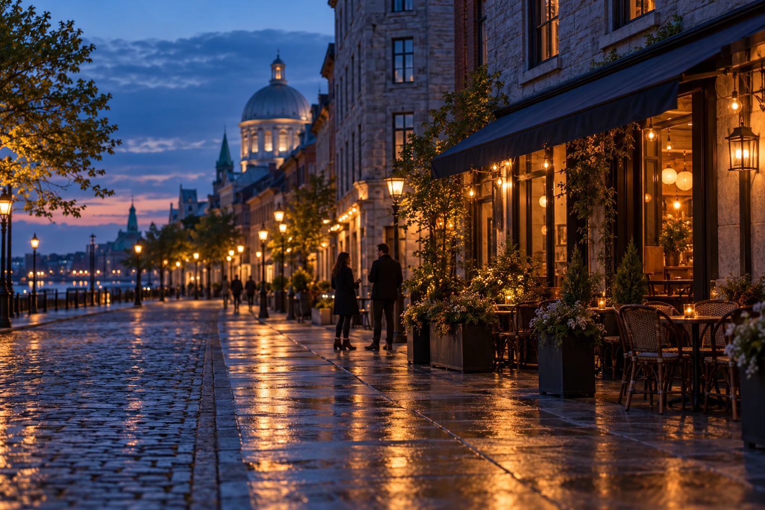An illustrated Montréal-inspired evening streetscape, with two adults in conversation outside a café